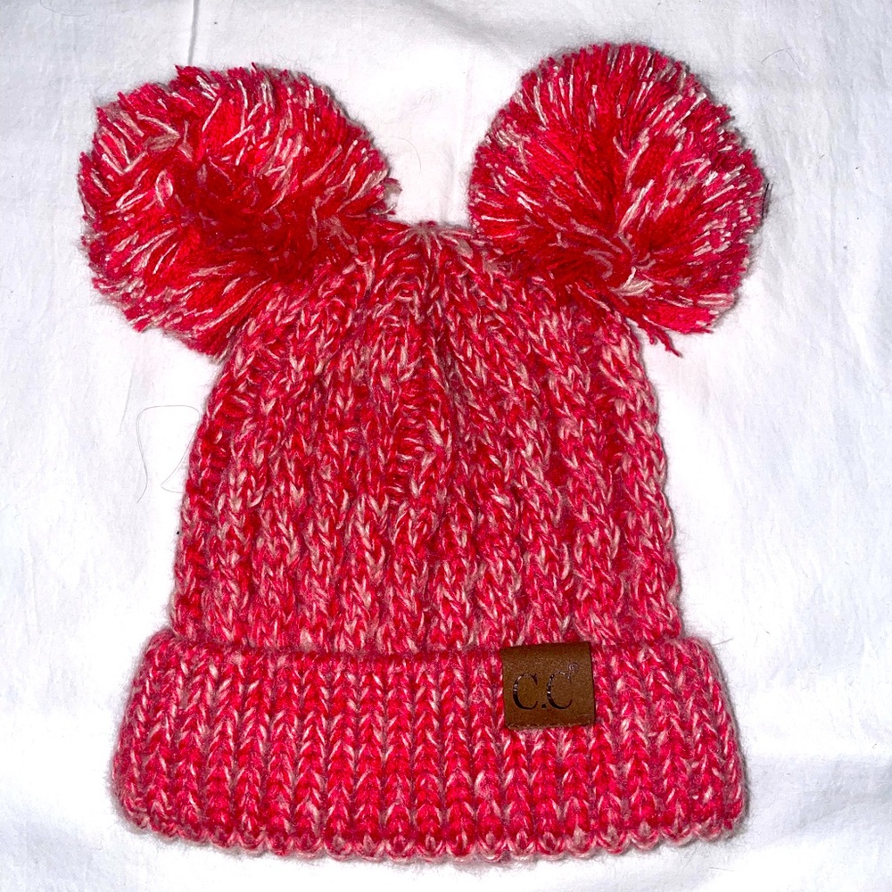 CC Red and White Double Pom Pom Beanie